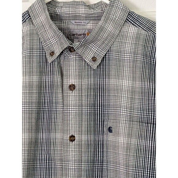 Carhartt Button Down Mens XL Shirt Navy Gray Plaid S/S Relaxed Fit Medium Weight - Picture 5 of 9